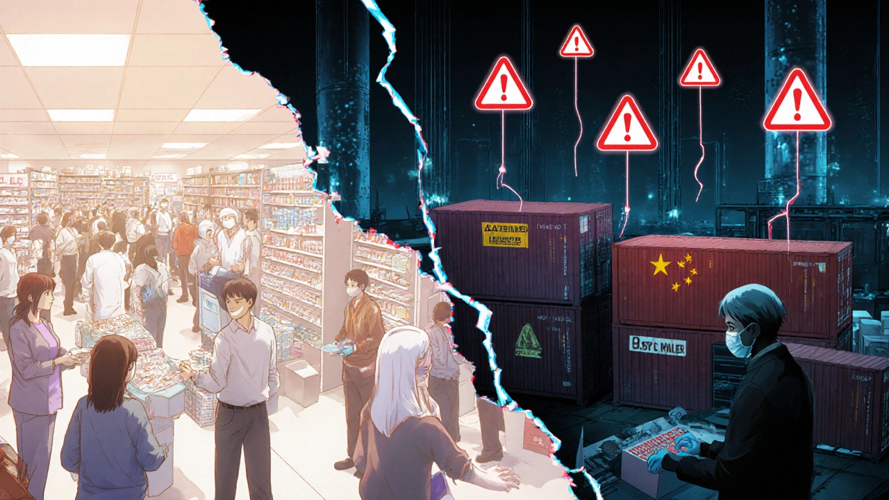 Split scene: U.S. pharmacy vs. Chinese API plant with warning symbols