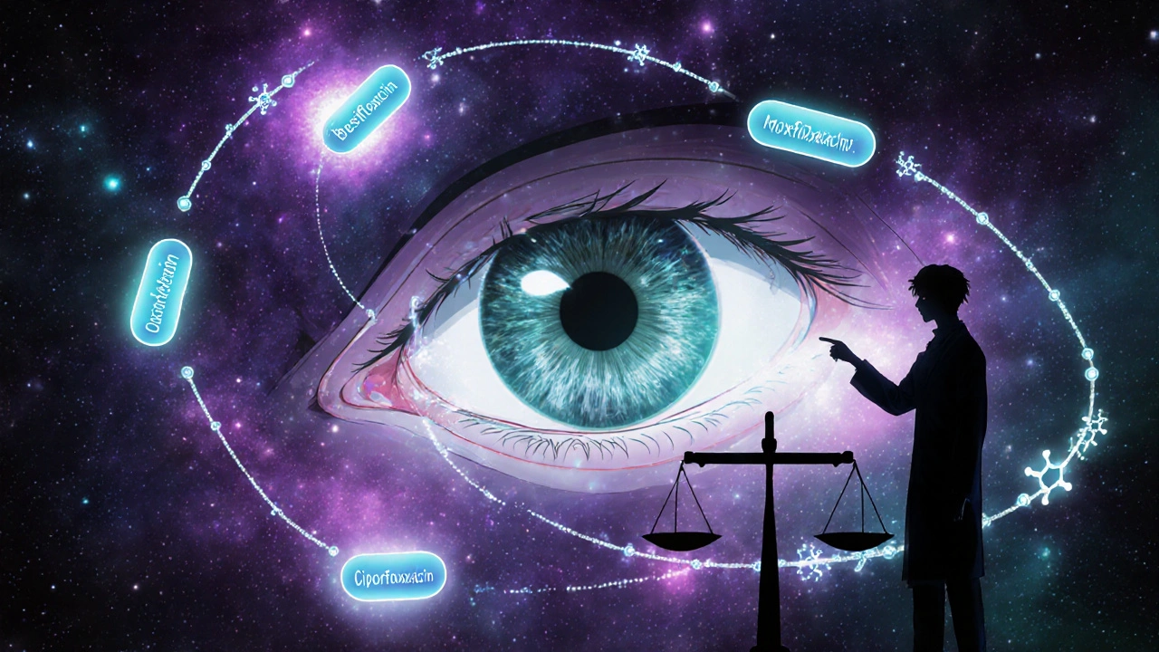 Stylized eye with antibiotic molecules spiraling around bacteria, doctor pointing to cost-effectiveness scale.