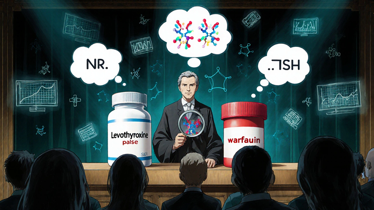 Therapeutic drugs on trial, their molecular structures revealed under a magnifying glass.