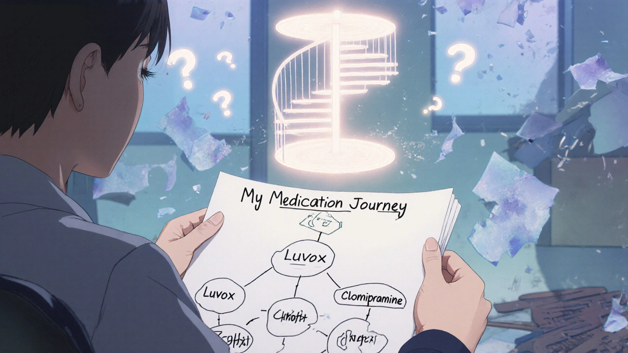 Therapy office with medication flowchart and ERP symbol, fading panic memories, hopeful expression.