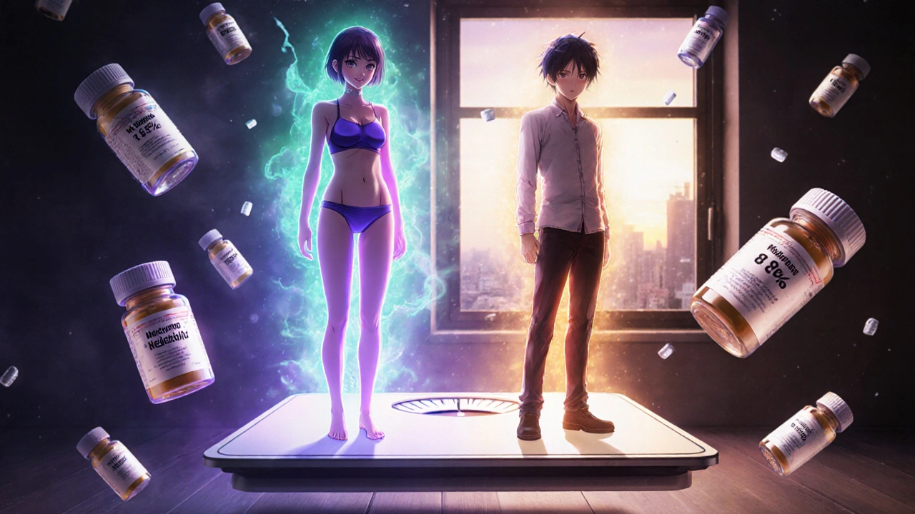 Two figures with different weight loss levels surrounded by floating drug icons in anime style