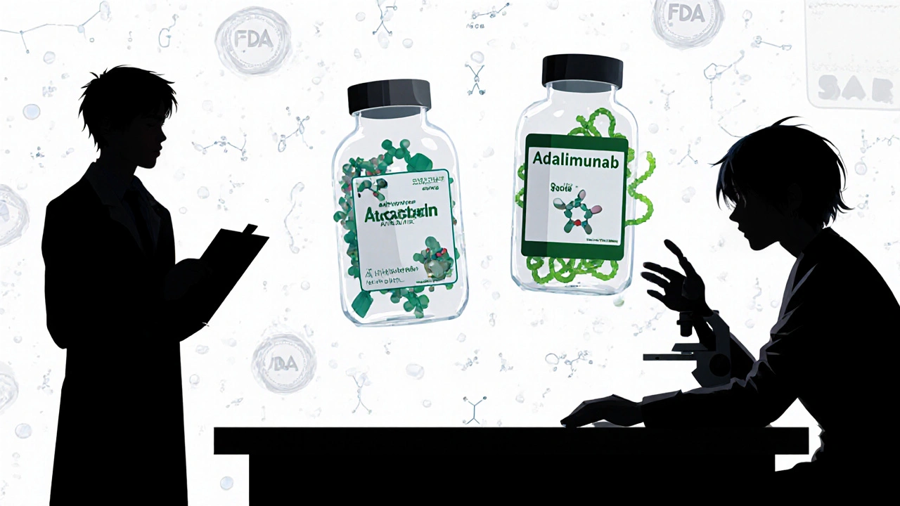 Two floating drug labels with molecular structures, a patient reaching out, and FDA seals in the background.