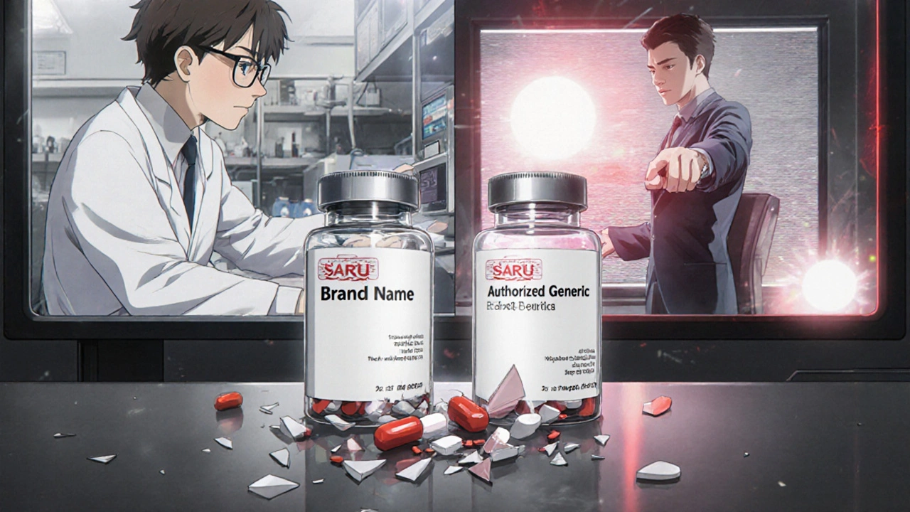 Two identical pill bottles side by side, one branded, one generic, while a shattered first generic bottle lies broken on the floor.