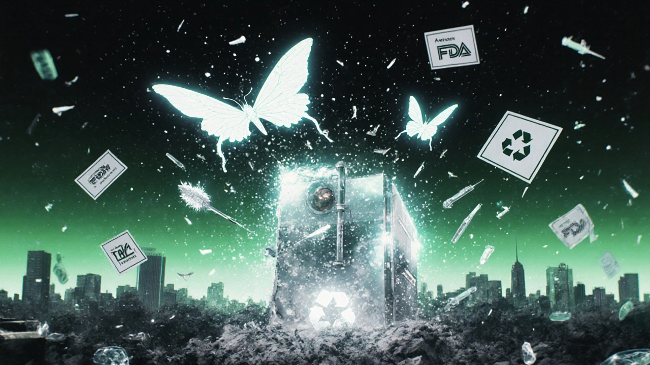 Used needles turning into glowing butterflies that dissolve into ash near an autoclave machine.