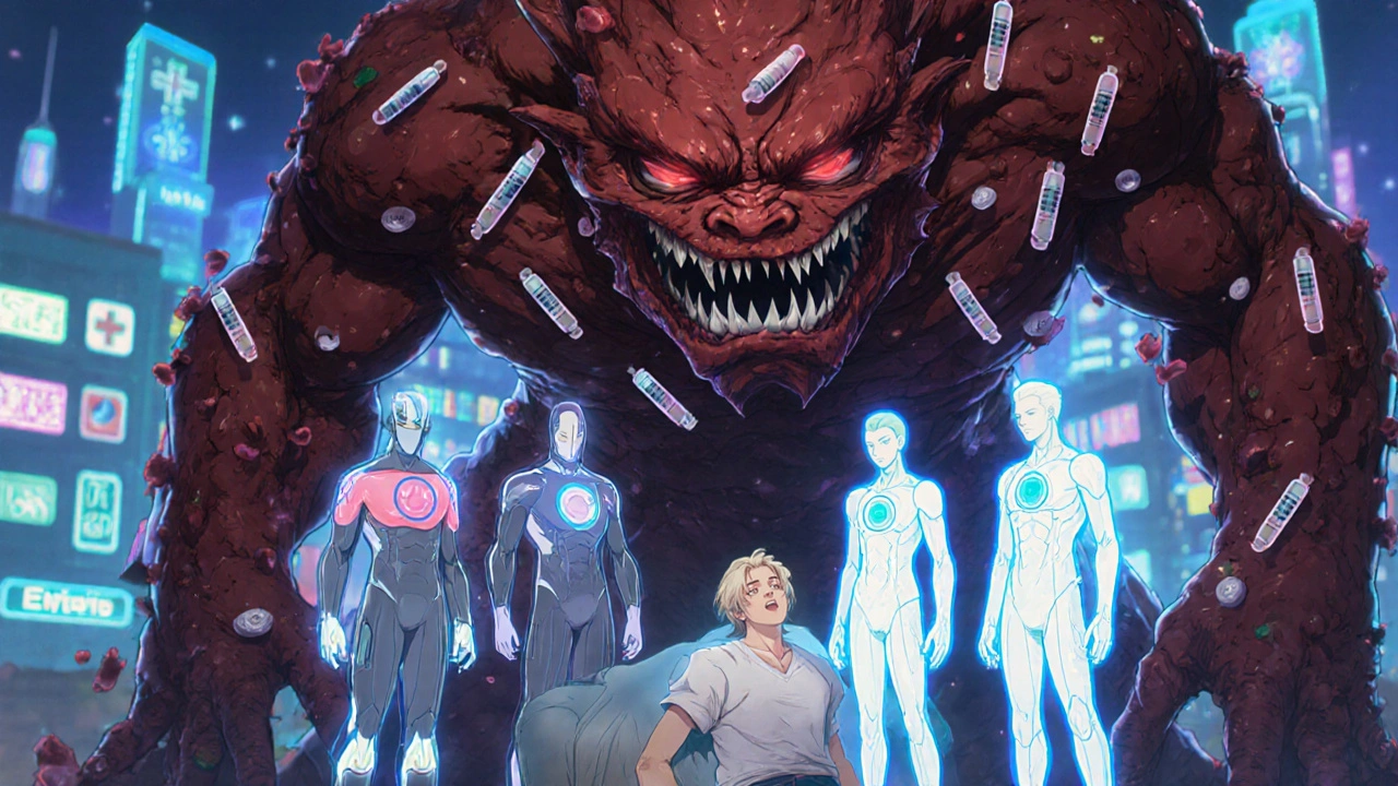 Warfarin monster towering over patient versus sleek DOAC heroes glowing protectively in a medical landscape.