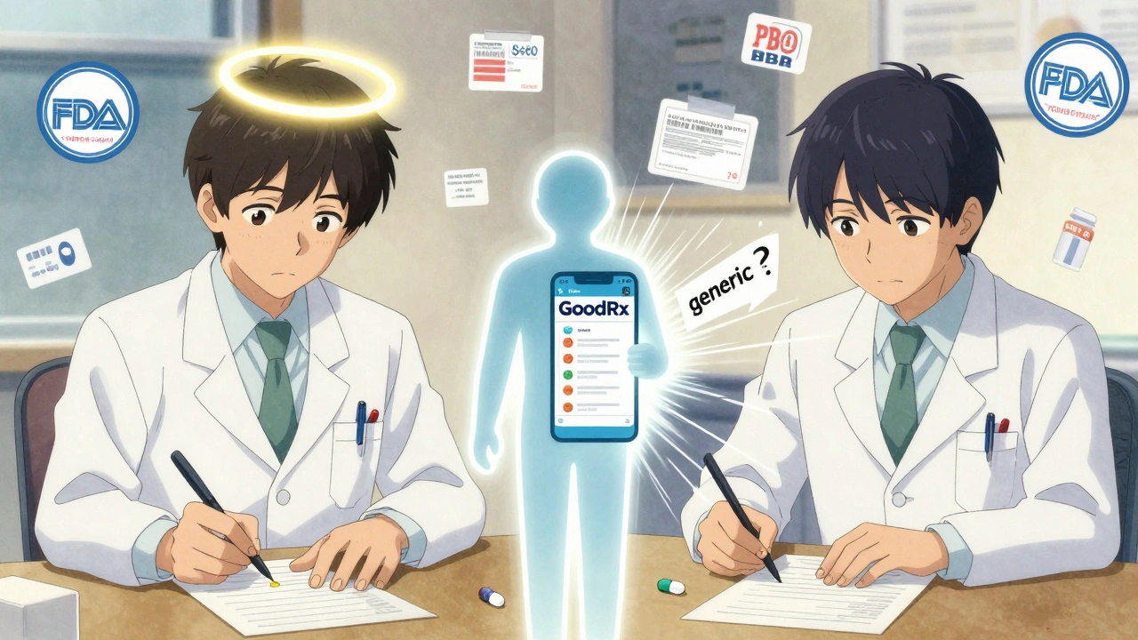 A doctor choosing between expensive brand-name and affordable generic medication with a price comparison app glowing nearby.