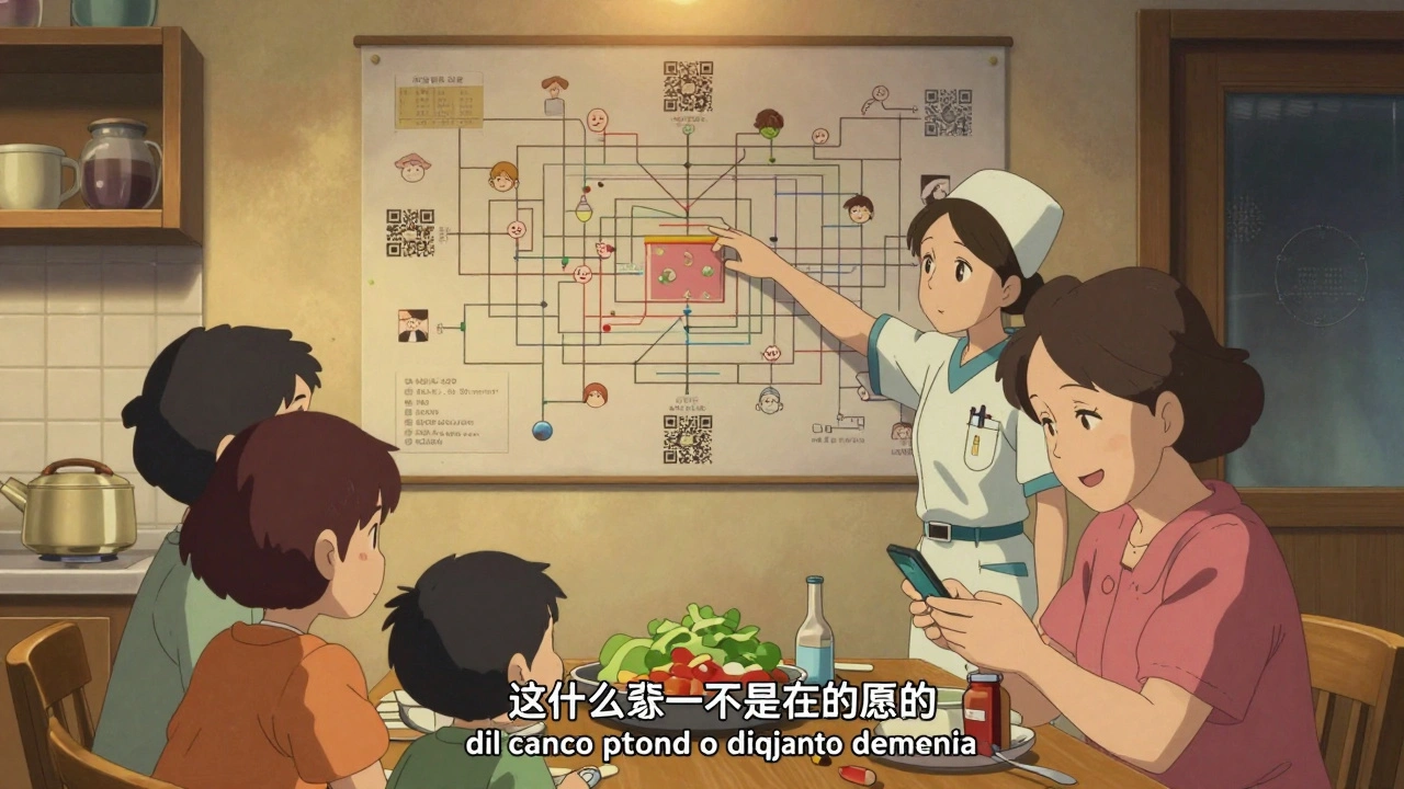 A family studies a colorful medication map on the wall with QR codes and illustrated drugs.