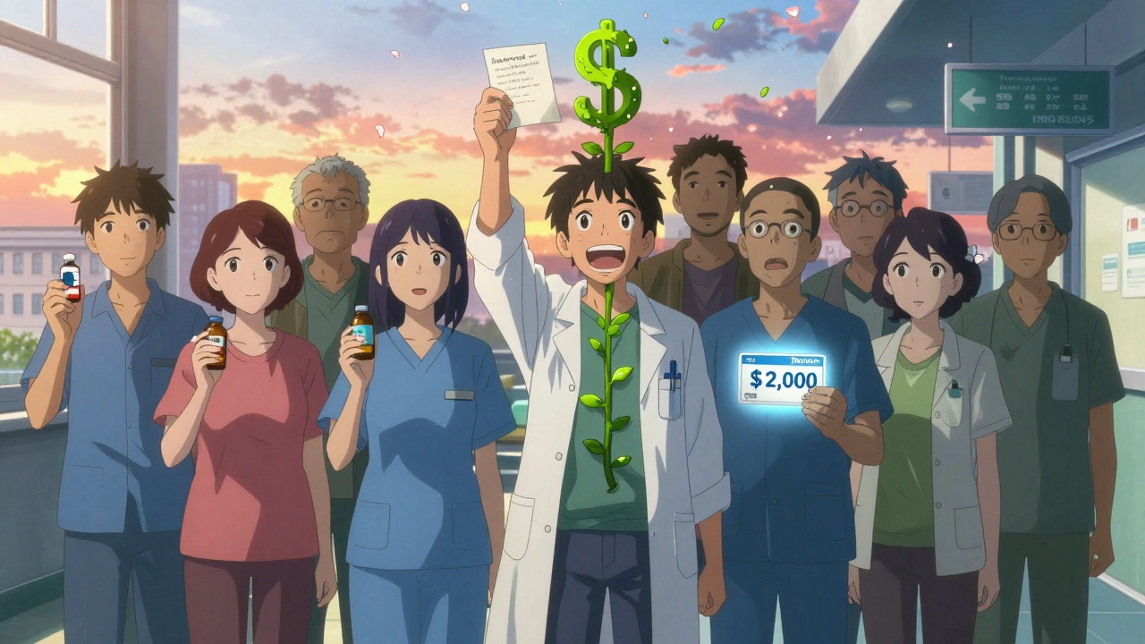 A group of diverse patients holding medications as price tags turn into vines of hope under a sunset.