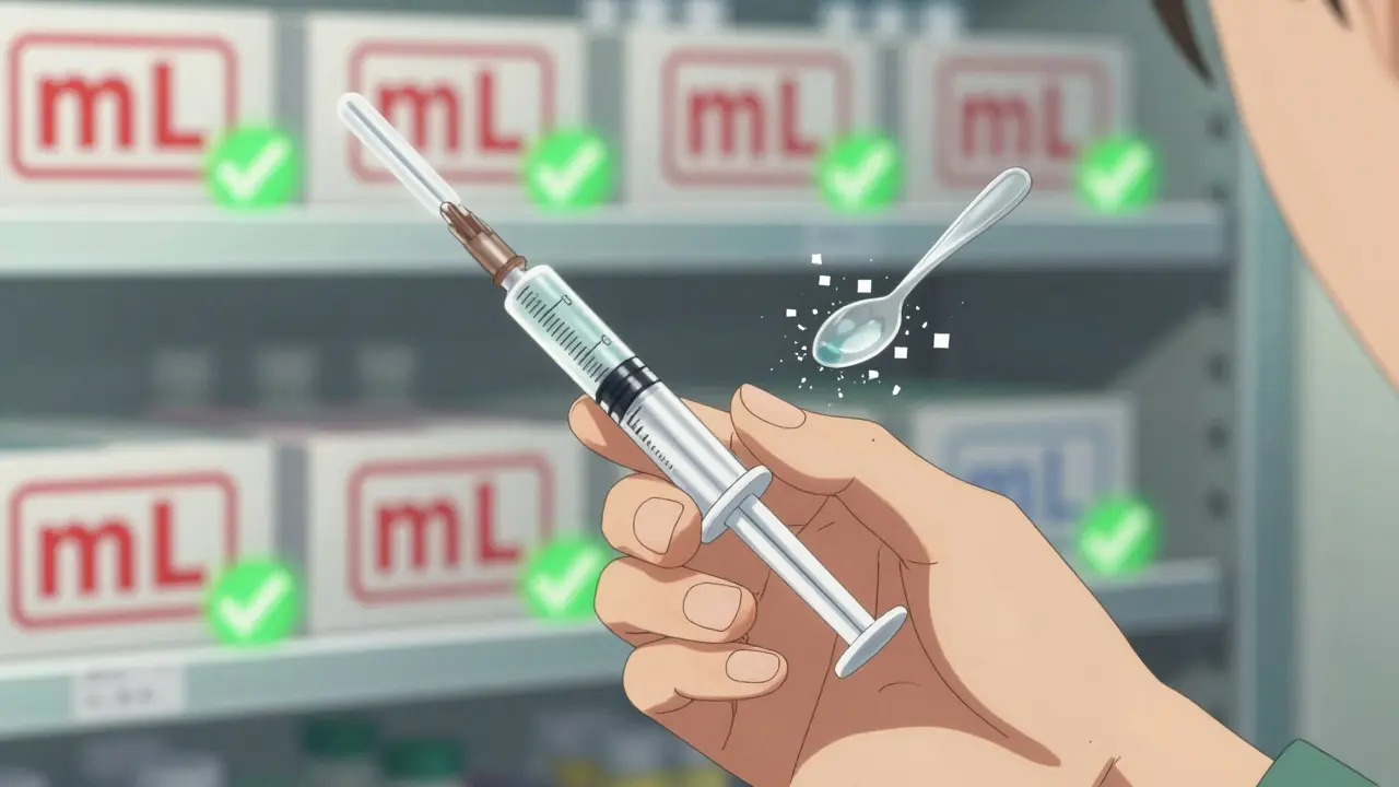 A hand using a dosing syringe to measure liquid medicine, while a broken teaspoon fades away.