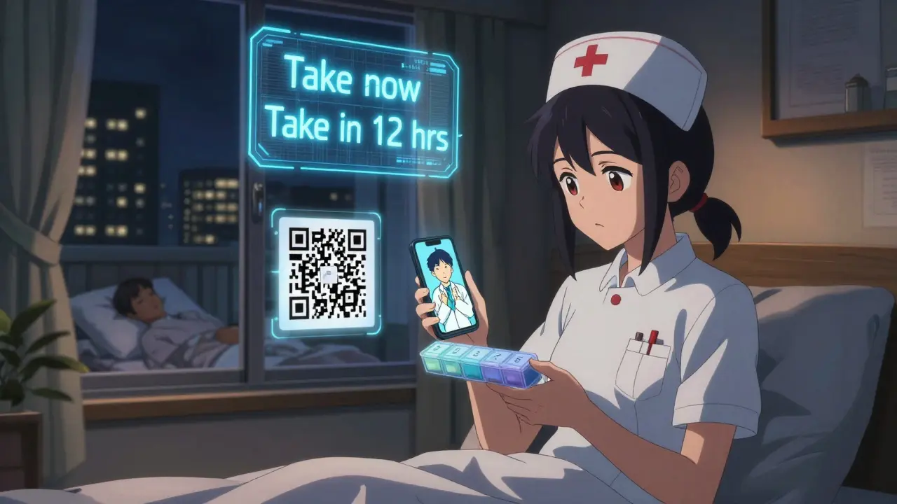 A night-shift worker taking medication at 3 AM with a holographic schedule floating above.