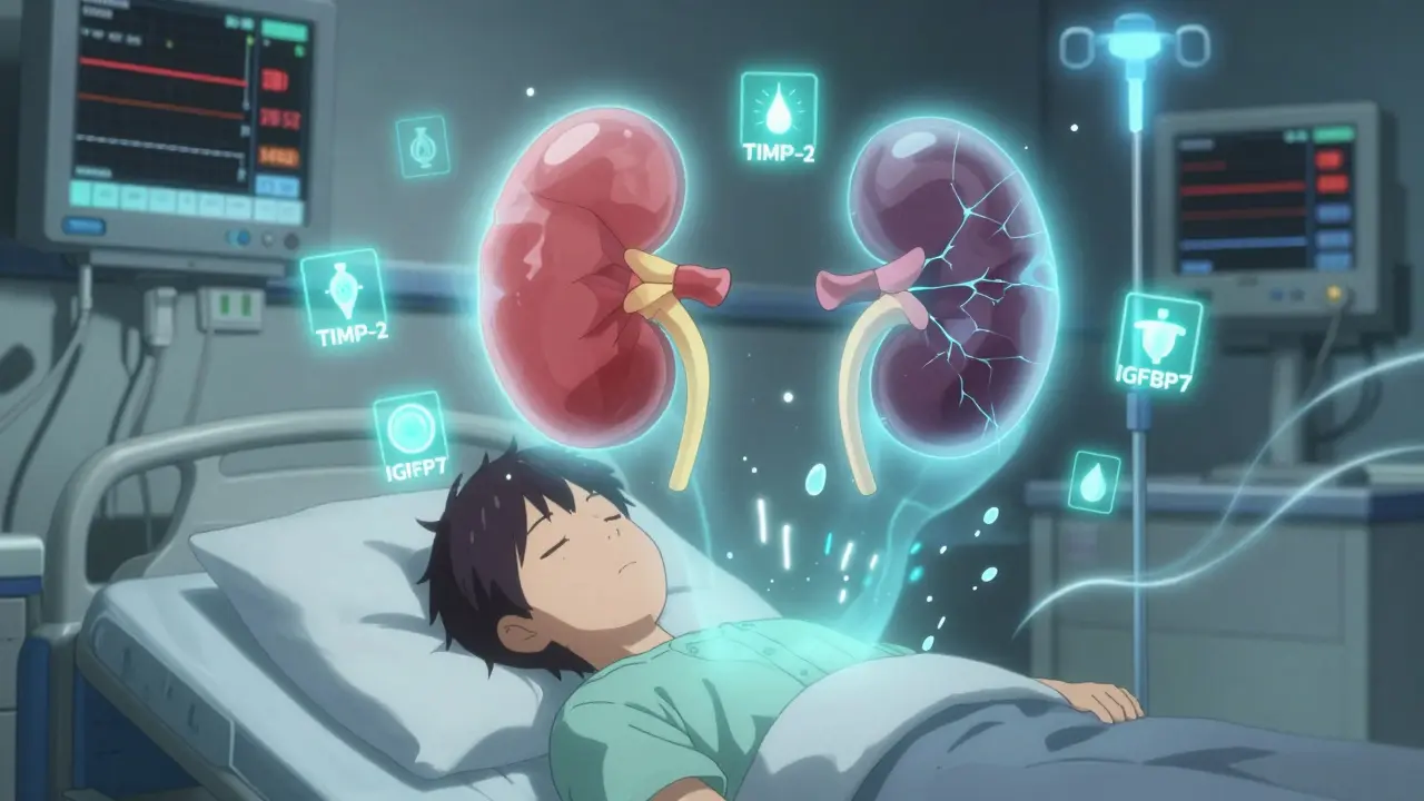 A patient in ICU with ghostly kidneys above them, surrounded by floating medical biomarkers and glowing IV lines.