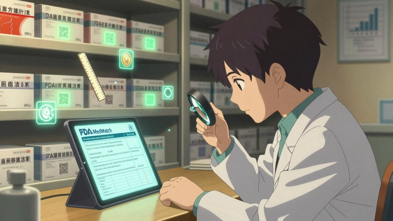 A pharmacist photographs counterfeit pills with a magnifying glass while a MedWatch form glows on a nearby tablet.