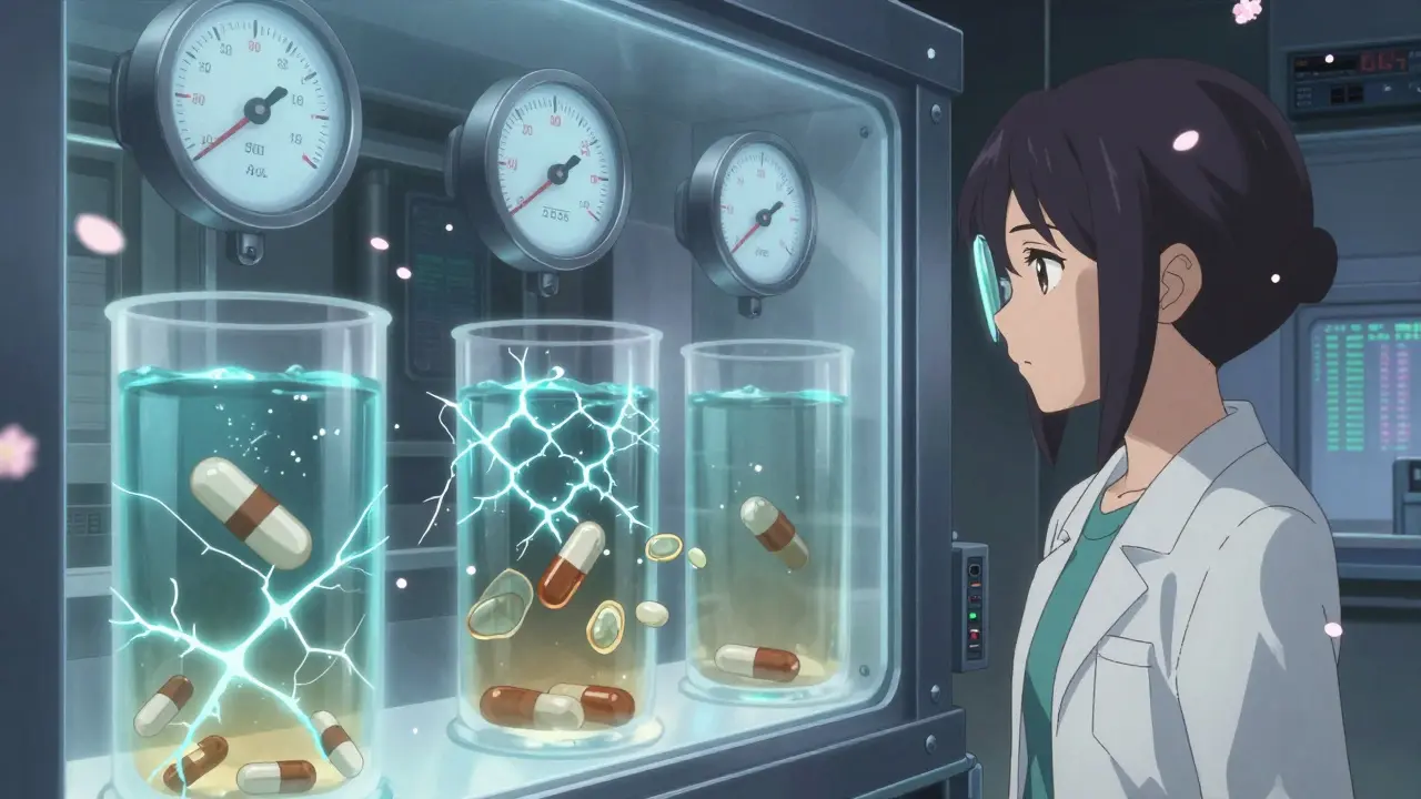 A scientist observing drug degradation in a high-tech stability chamber with digital data flowing around her.