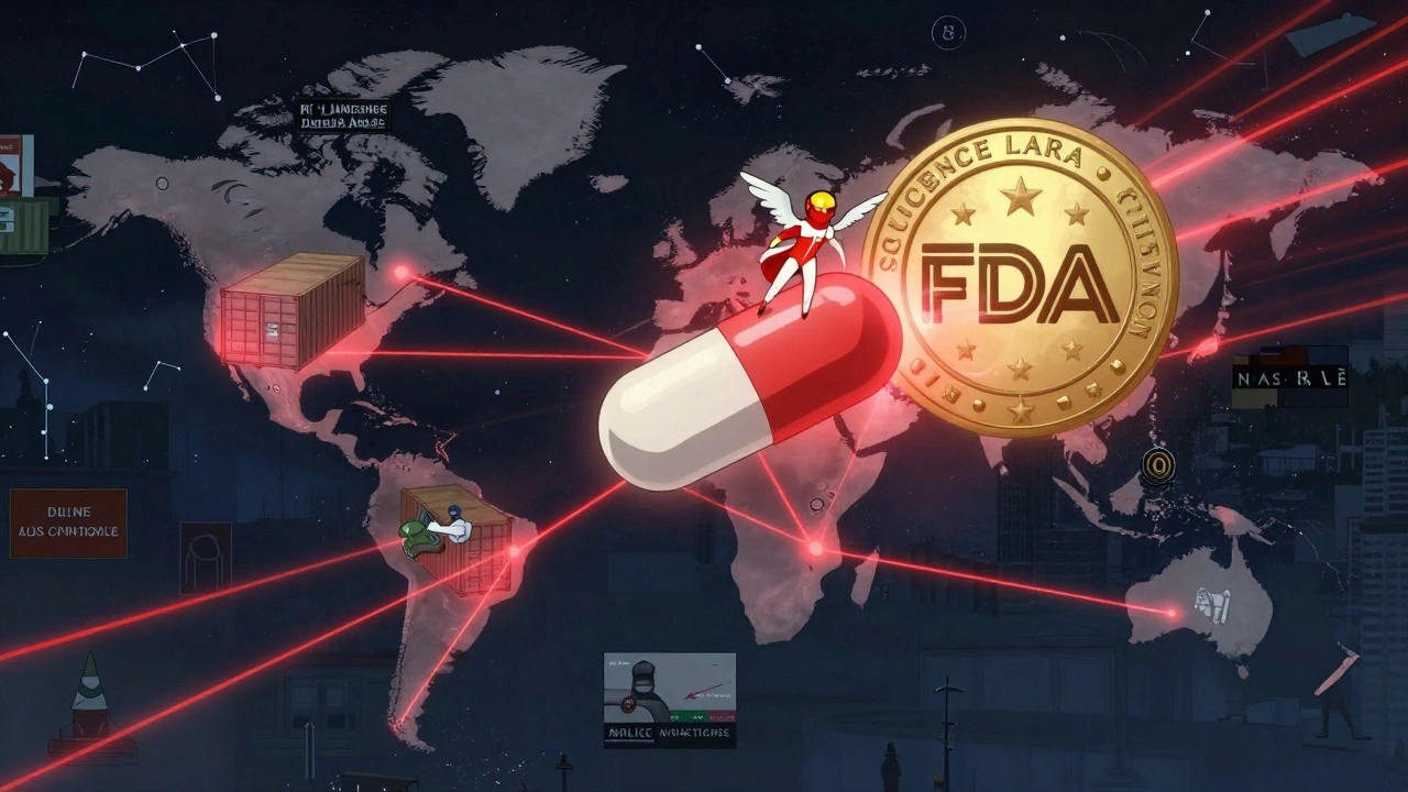 A single counterfeit pill becomes a hero, connecting global crime networks to a rising FDA seal in a symbolic night sky.