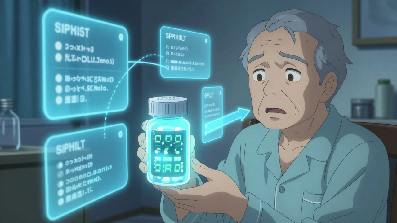 A smart pill bottle glows as digital alerts float around it, showing safe medication use.