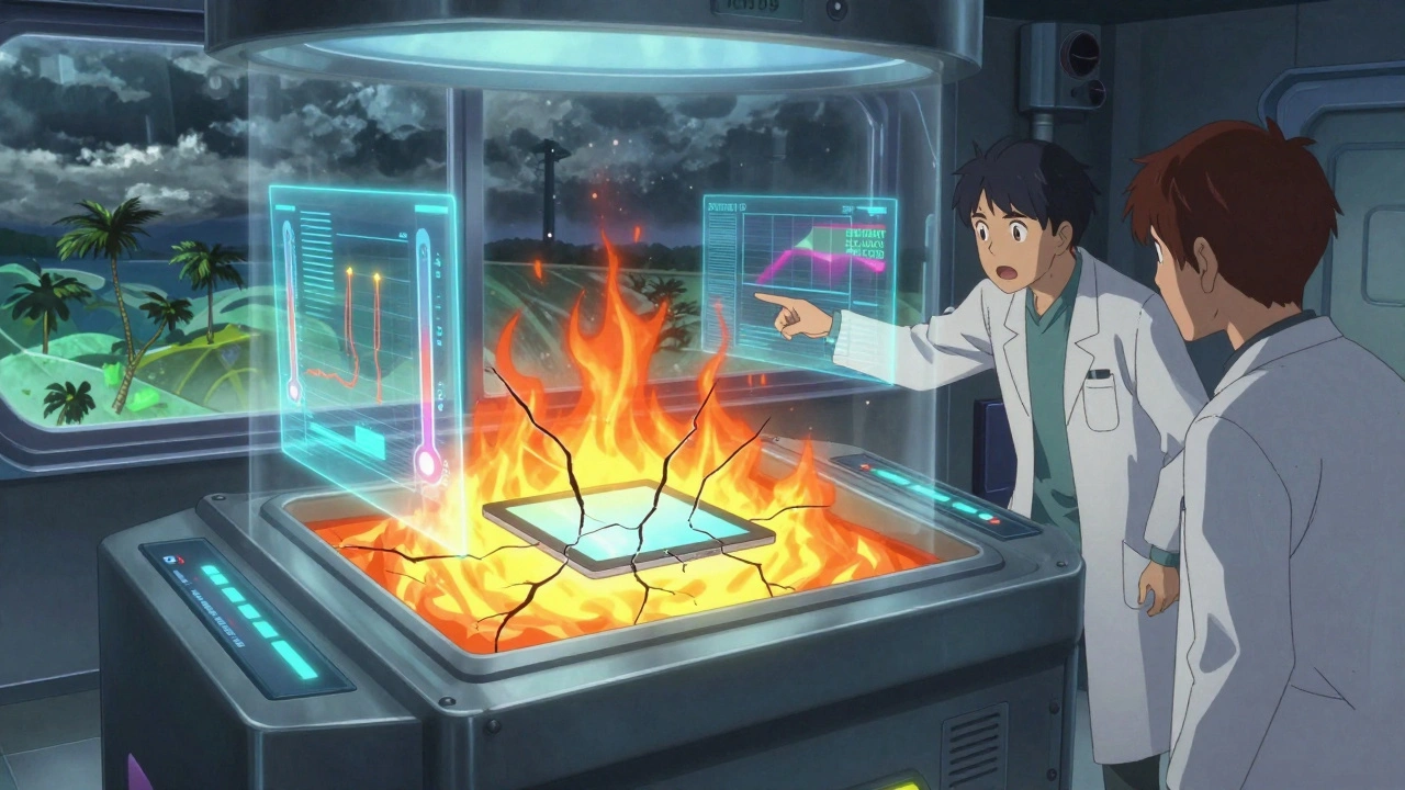 A stability chamber with holographic degradation graphs and scientists reacting to a critical alert.