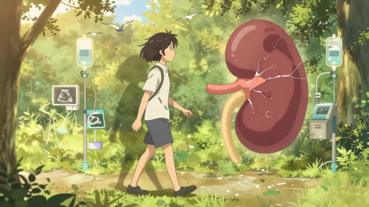 A survivor walking in a park, their shadow transforming from a damaged to a healthy kidney under golden light.