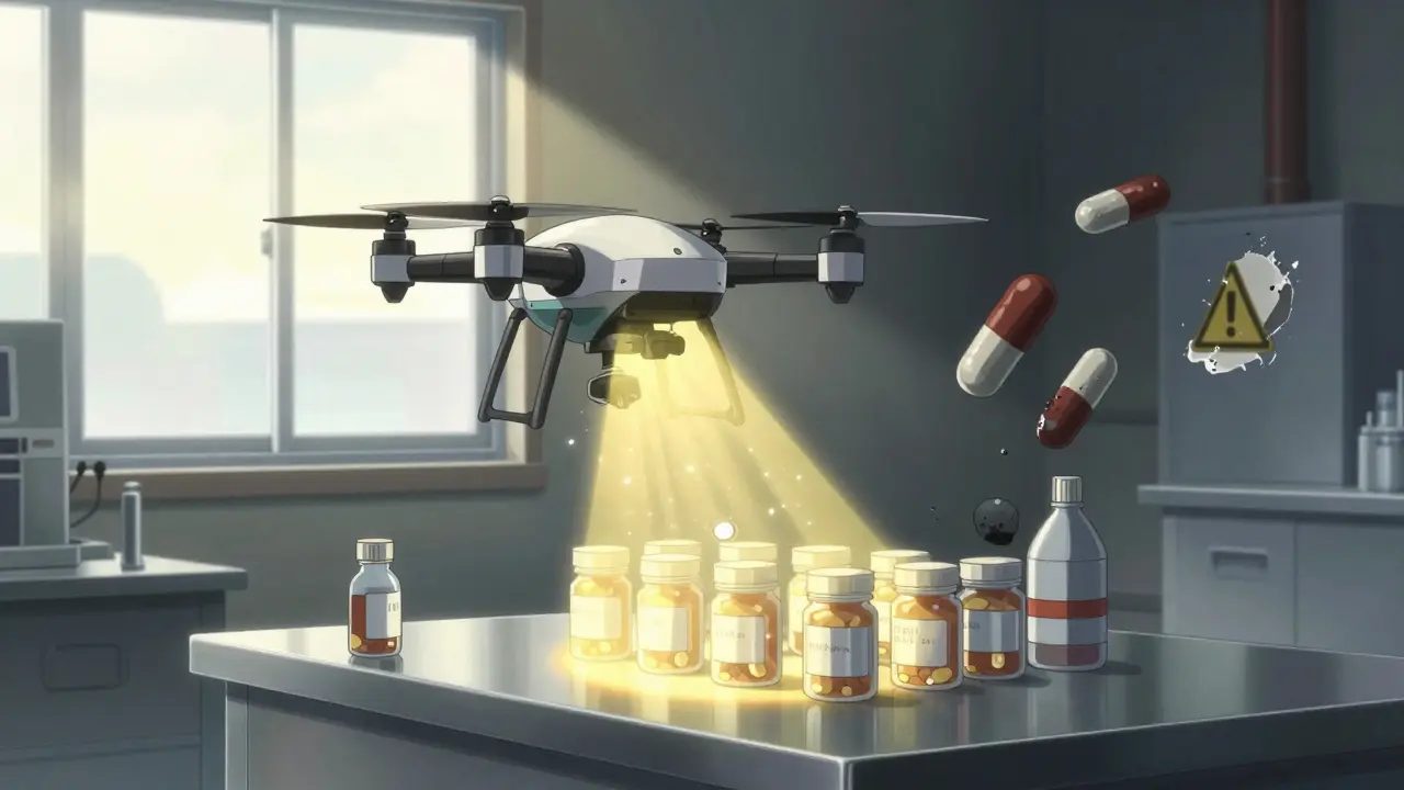 An FDA inspection drone validating safe drug batches while unstable ones fade into shadow.