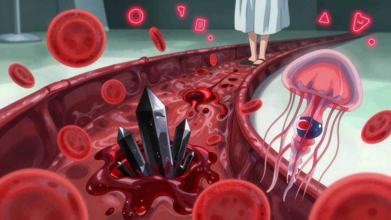Blood clot forming like a dark crystal in a vein, JAK inhibitor molecule disrupting clotting signals with glowing tentacles.