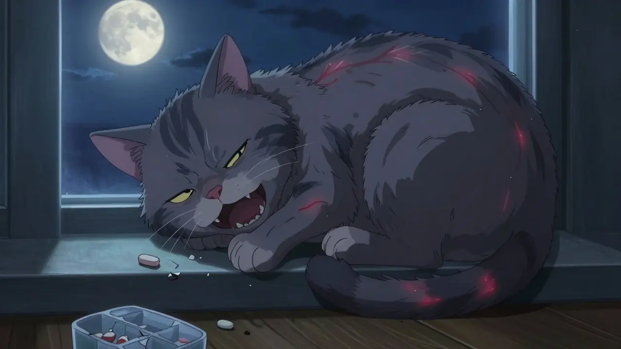 Cat with brown gums and swollen face, lying near shattered acetaminophen tablet.