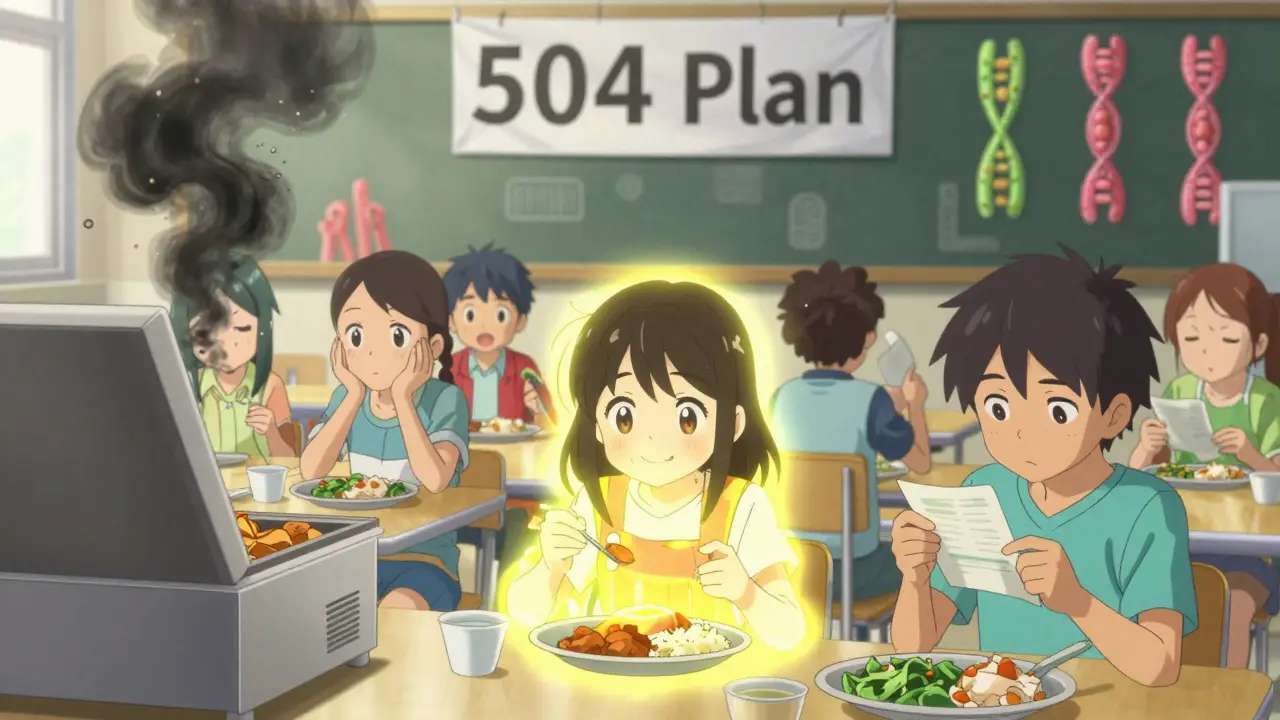 Children in cafeteria, some eating safely under 504 plan, invisible gluten particles swirling nearby.