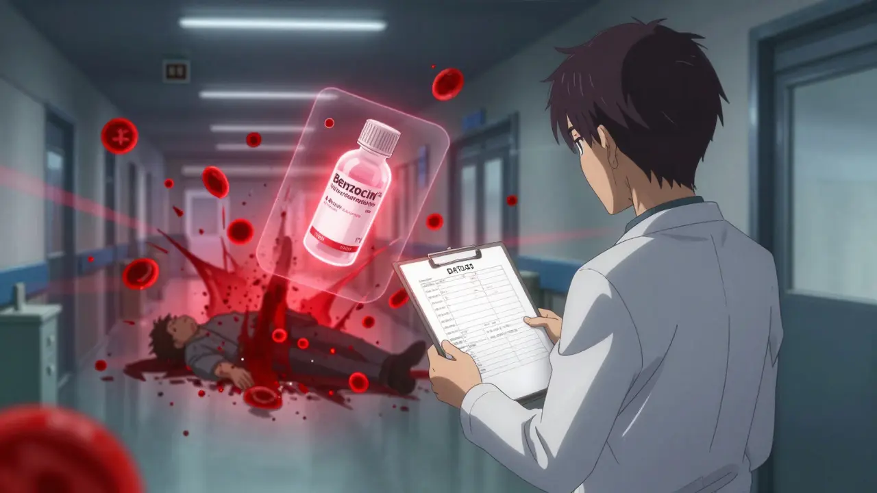 Doctor holding lab results as red blood cells explode in the background, with warning drug icons floating nearby.