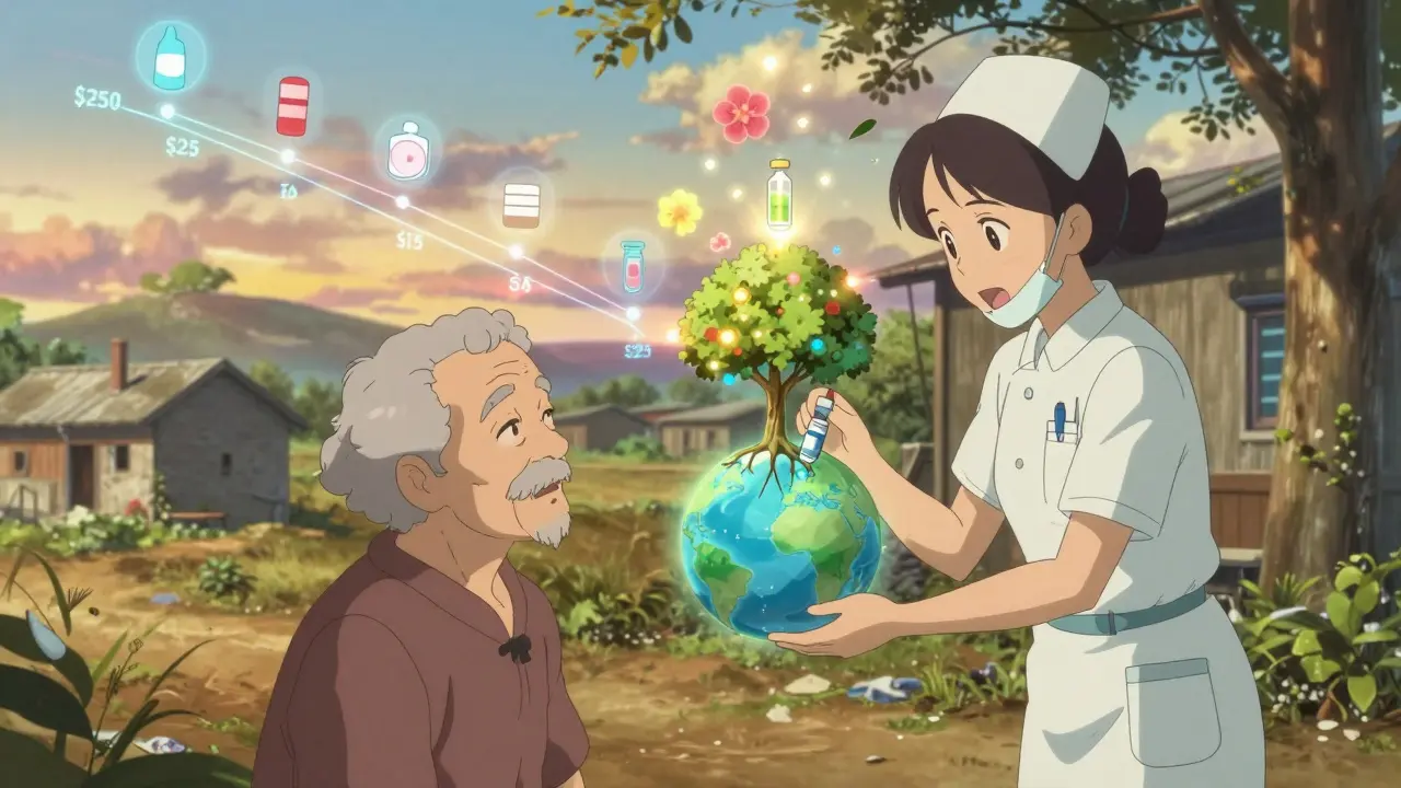 Elderly patient receiving generic insulin at a clinic, with a glowing vial transforming into a tree of life.