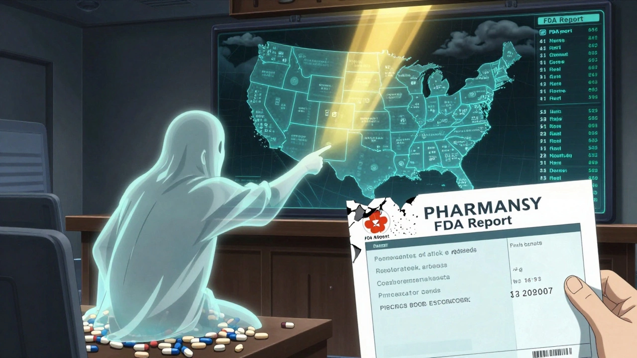 Ghostly patient confronts fake pharmacy logo as U.S. state license network glows behind them.