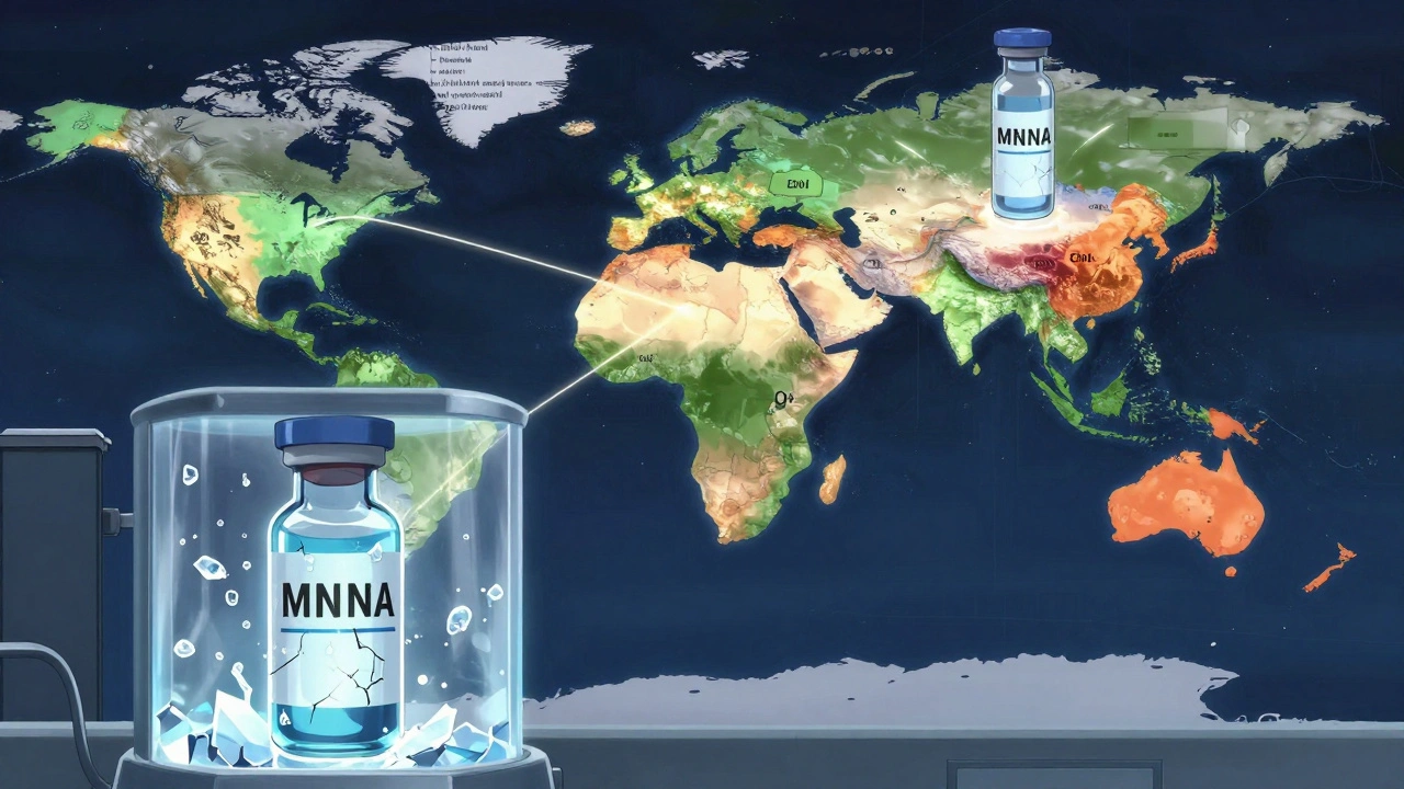 Global map showing climate zones linked to vials undergoing stability testing, with an mRNA vaccine in cold storage.