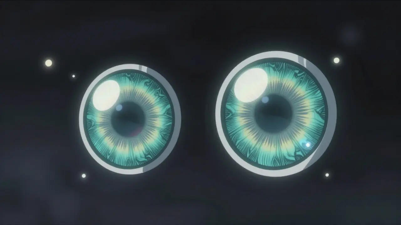 Glowing contact lenses with swirling cylindrical patterns correct astigmatism, floating against a dark backdrop.