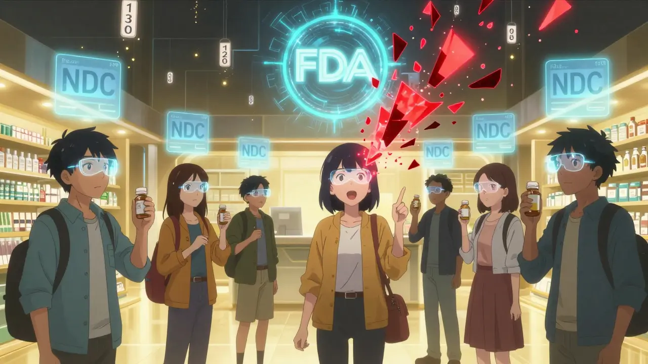 Group of people in pharmacy with floating NDC codes being scanned by AI lenses, red alerts shattering around one bottle.