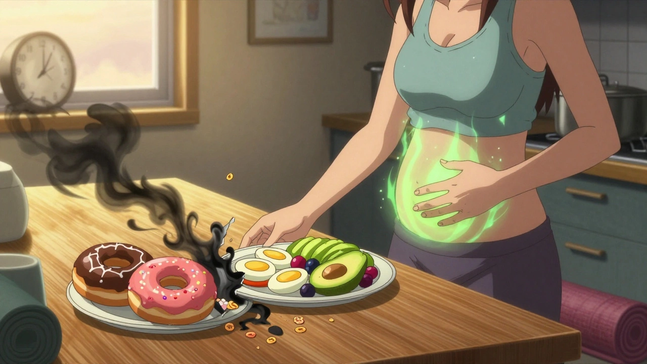 Healthy meal glows beside shattered junk food, energy pulses through her abdomen.