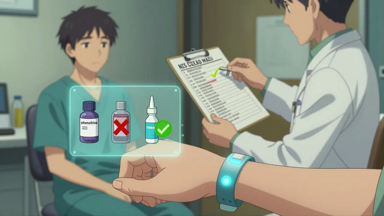 Medical alert bracelet with floating icons of safe and unsafe medications