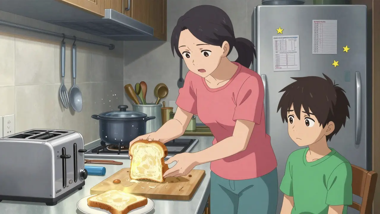 Mother separating gluten-free food from regular items in kitchen, teen child looking away in frustration.