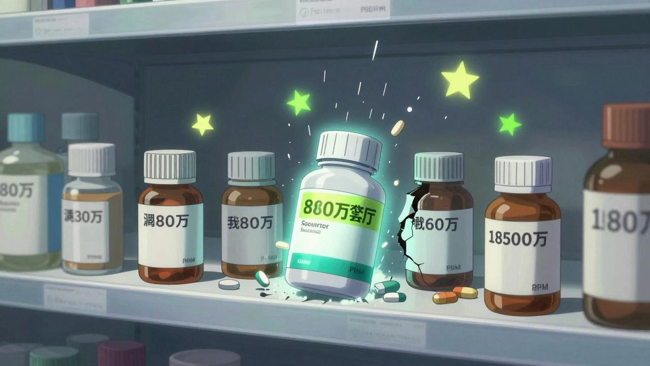 Multiple generic drug bottles flood a pharmacy shelf as prices collapse in a chaotic, neon-lit scene.