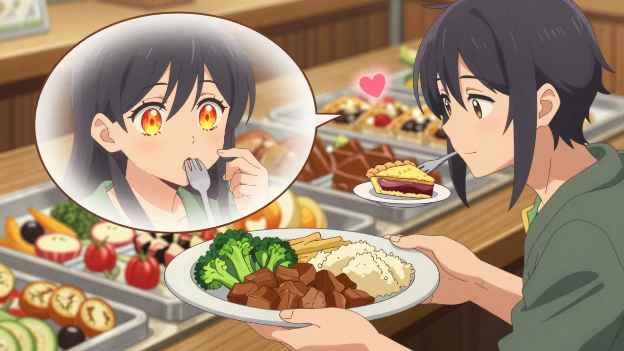 Person choosing balanced portions at a holiday buffet, with inner conflict shown as anime-style thought bubbles.