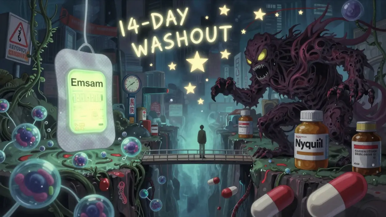 Person on bridge over chasm of serotonin and blood pressure gauges with Emsam patch