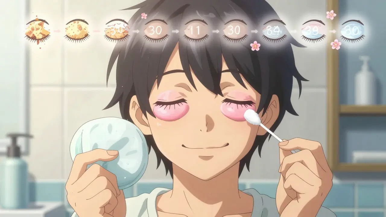 Person smiling with healthy eyelids, holding compress and cleaning swab.