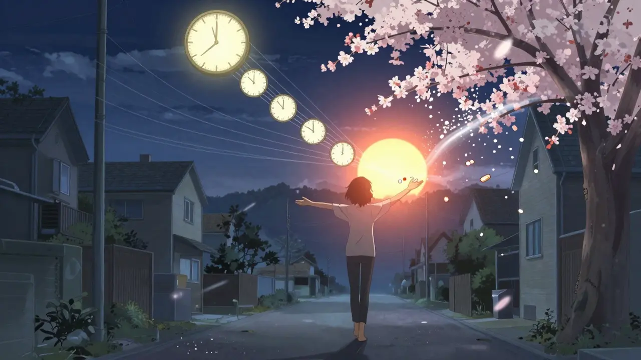 Person walking at dawn, sunlight connecting to clock, pills dissolving into blossoms.