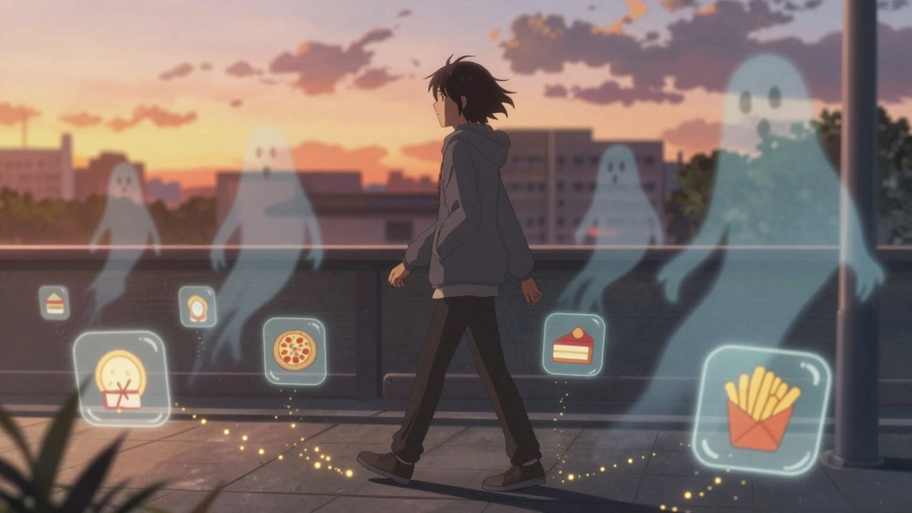 Person walking at sunset with glowing calorie icons trailing each step, resisting food temptations.