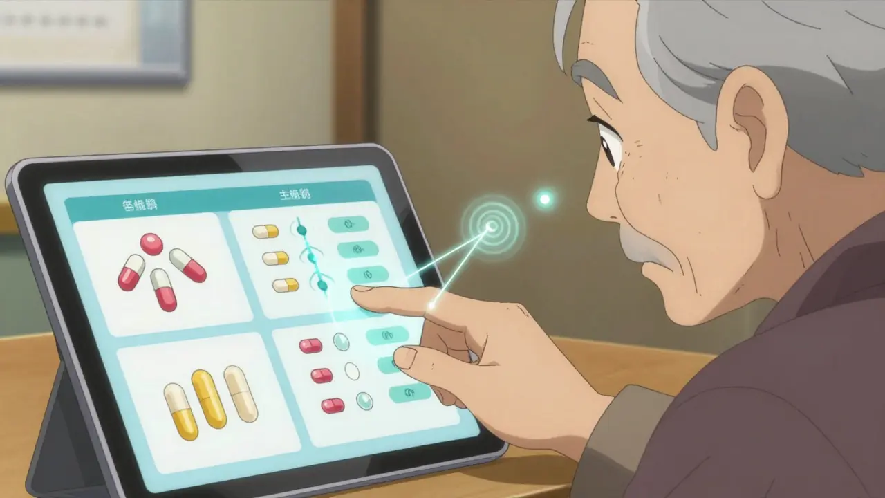 Pharmacist showing pill comparison chart to older patient with glowing chemical links.