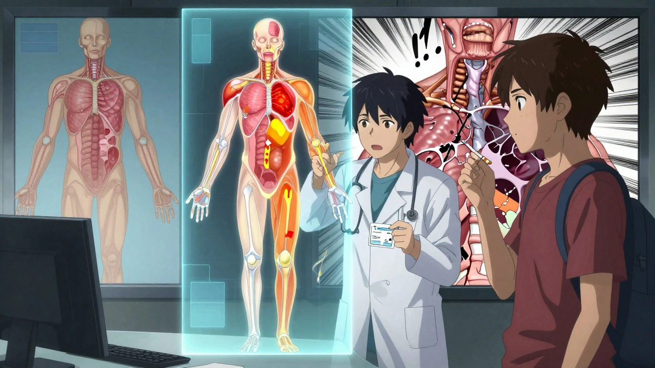 Rheumatologist explains JAK inhibitor risks via hologram as patient holds vaccine card and cigarette, risk zones glowing on body.