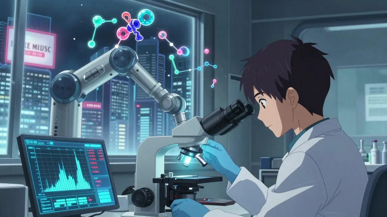 Robotic lab assembling biosimilars with AI data streams and changing city billboards in the background.