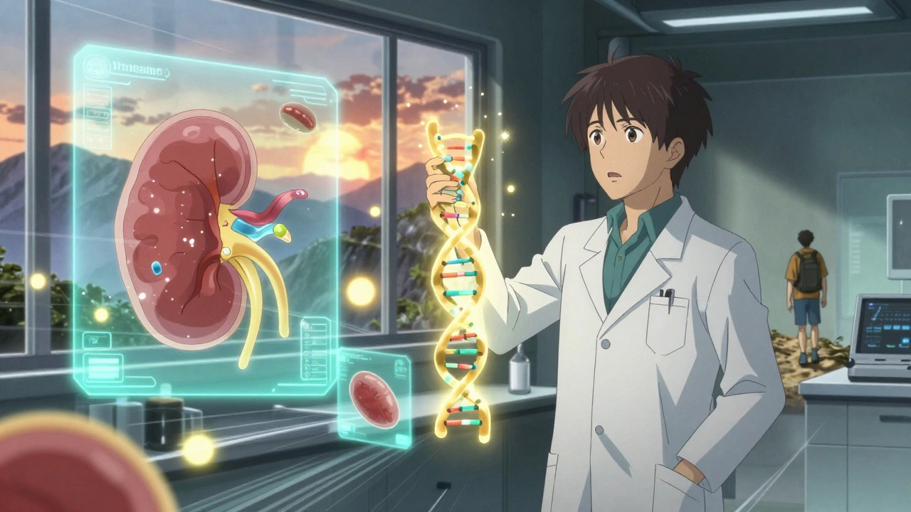 Scientist holding a glowing DNA strand, holographic kidney repair and patient hiking under sunrise.