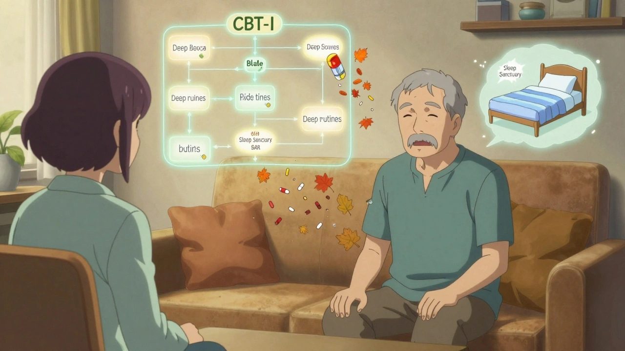 Senior man talking with therapist, surrounded by glowing CBT-I symbols as pill bottles turn to leaves.