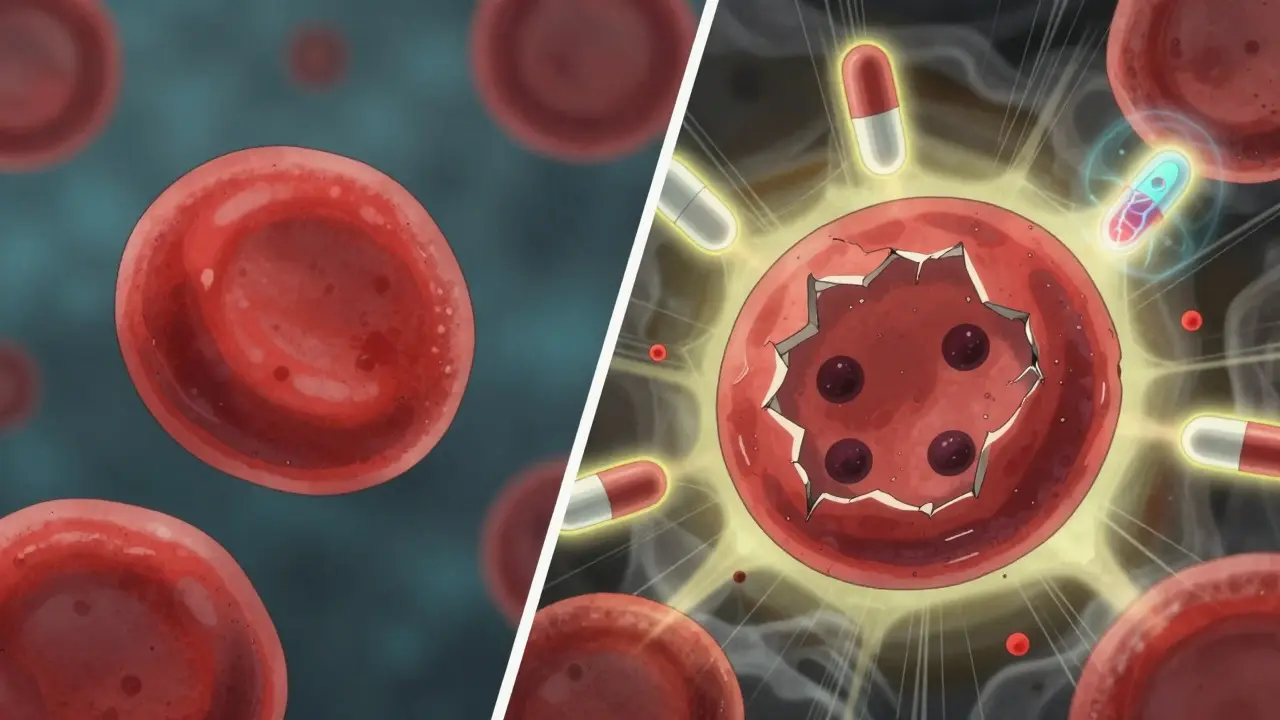 Side-by-side comparison of a healthy red blood cell and one destroyed by Heinz bodies from oxidative damage.