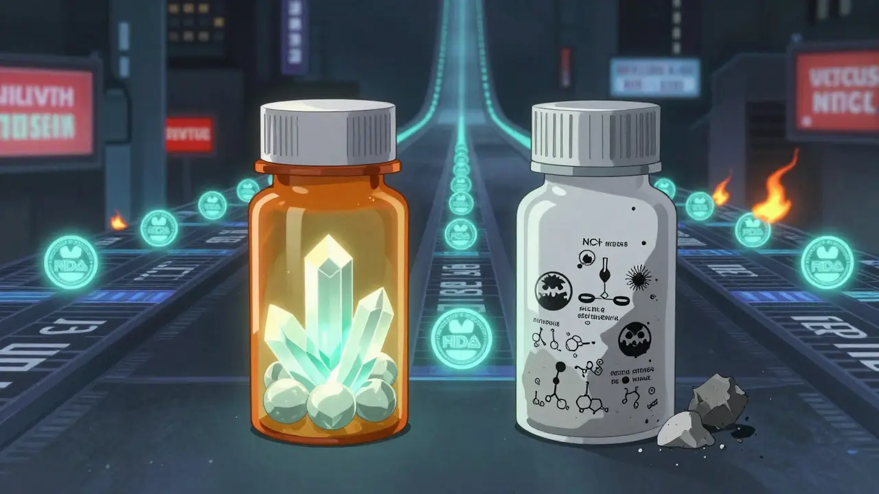 Side-by-side real and counterfeit pill bottles with internal structures revealed, toxic symbols emerging from fake pill.