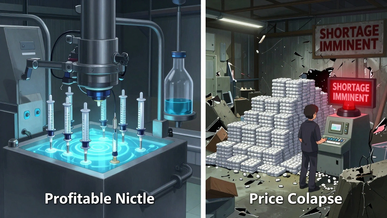 Split scene: a high-tech factory makes complex drugs on one side, while a crumbling warehouse faces pill shortages on the other.