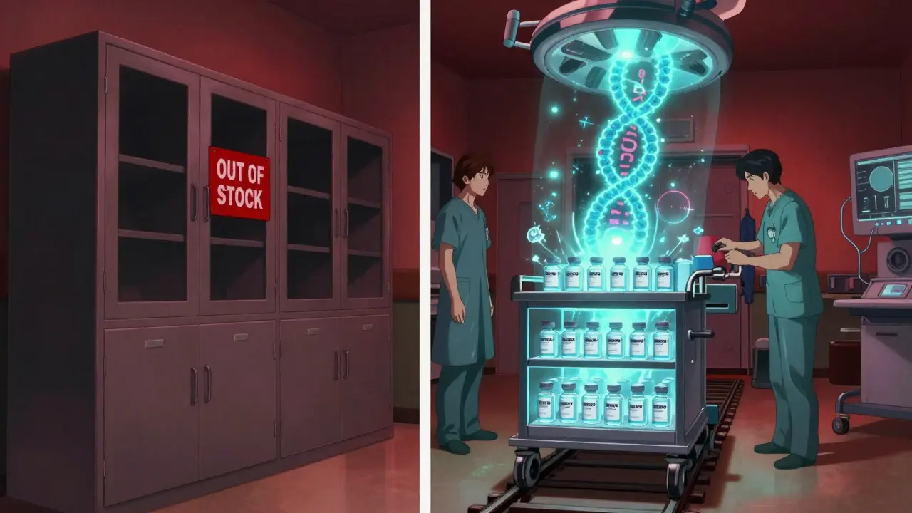 Split scene: empty dantrolene cabinet vs. pre-stocked emergency cart in a hospital, with glowing gene mutation symbol.