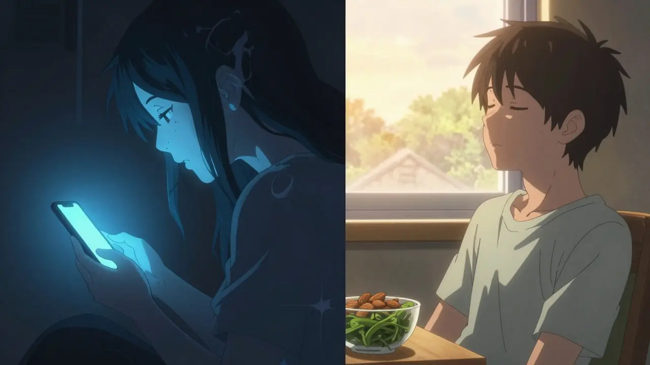 Split scene: person on phone at night vs. same person in morning sunlight with healthy snacks.